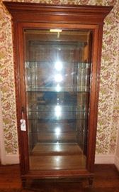 Vintage oak display cabinet with glass shelves & beveled glass doors