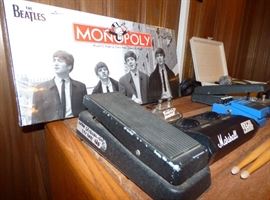 Beatles Monopoly game (still in plastic, never used), Vintage Cry Baby pedal (1 of 2), Marshall Amp