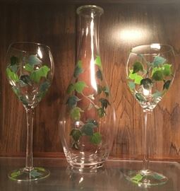 Hand Painted Wine Decanter and 2 Matching Wine Glasses