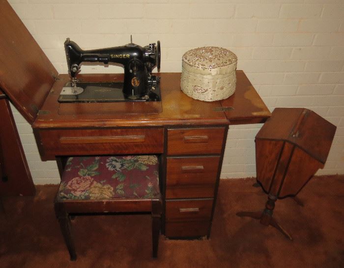 Antique Singer Sewing Machine and Cabinet. And Dual Lidded Knitters Yarn Chest.
