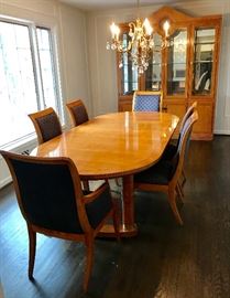 Hickory White modern neo-classical table, eight chairs (two not shown) and breakfront. Lovely inlay.