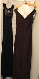 St. John small size black beaded gown on left and brown custom gown on right