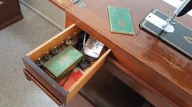 1950's sewing machine, original cabinet, stool with storage under seating pad, accessories, original instruction book