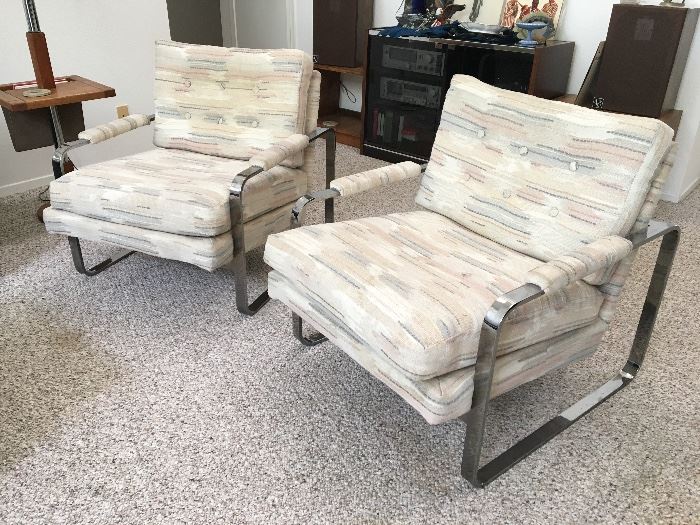 Vintage Mid Century, Hollywood Regency,                        Milo Baughman Style Chrome Armchairs.  Chrome frame arm chairs were produced by American, Italian, Swedish, and other international furniture companies such as by Knoll Associates, Thayer Coggin, Patrician Furniture Company, and Stendig and by designers such as by Bergen, Nelson,  Knoll, and Mies van der Rohe 