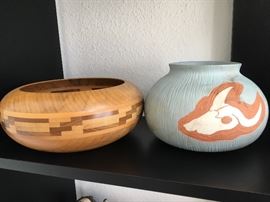 Southwestern Art, wooden bowl and pottery 