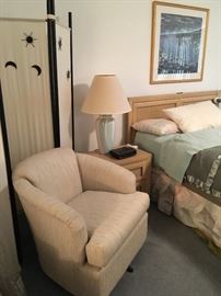 Vintage Club chair and vintage Thomasville bedroom set, bed, three nightstands, a 'his and her's' dresser, and a desk with chair. 