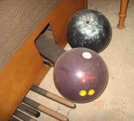 Vintage bowling balls, yard art