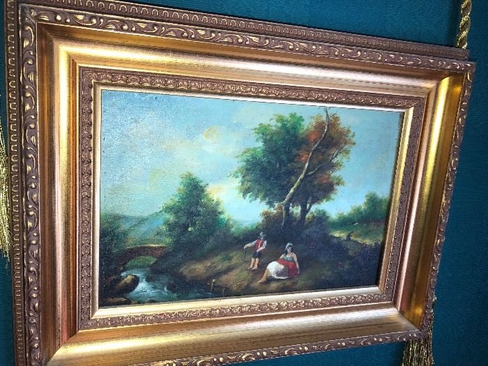 Original Oil Painting; rustic scene with Bridge, Mountains, Boy and Girl