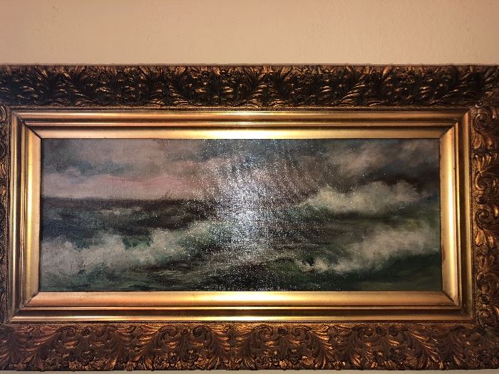 Antique Oil Painting of the waves on the ocean in a gilt frame