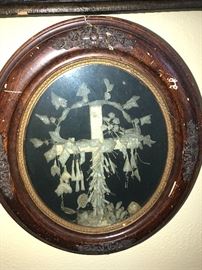 Shadowbox cross art; Rose vine and cross behind glass; religious; "Chinese Shell Art"