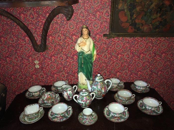 Porcelain Saint Figurine ; Intricate, delicate tea set