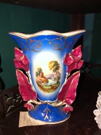 blue painted fan vase; porcelain