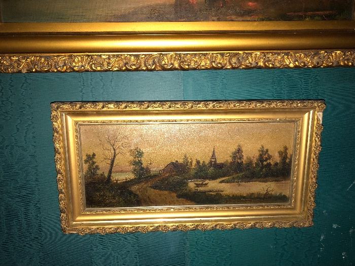oil painting landscape framed; boat on river