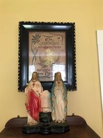 Religious needlepoint ; Jesus and Mary Chalkware