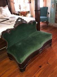 Couch for foot of bed; green Victorian Couch; love seat; solid dark wood