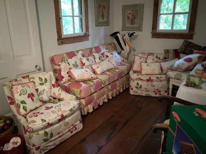 retro; 1960's or 1970's style couch and accent chairs; Polka dots