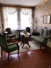 antique settee tete a tete set, sitting room complete set; green velvet