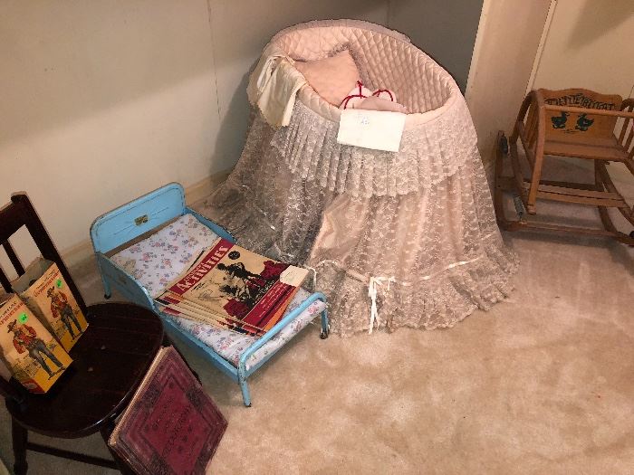 baby doll bassinet; baby doll bed; baby rocking chair; vintage cowboy toys