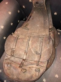 US issue Saddle Bag; This has a serial number to identify the soldier or horse...it has both sides and is in very good condition for something so old! 2 saddle bags in total, connected by leather strap