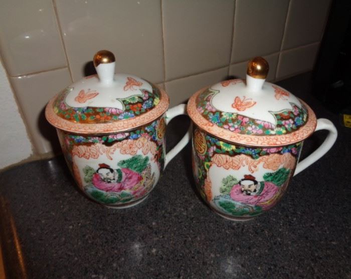 Vintage Chinese Tea Cups with Lids (gold inlay)