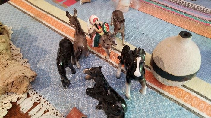 Set of ceramic ponies, mules, and Indian