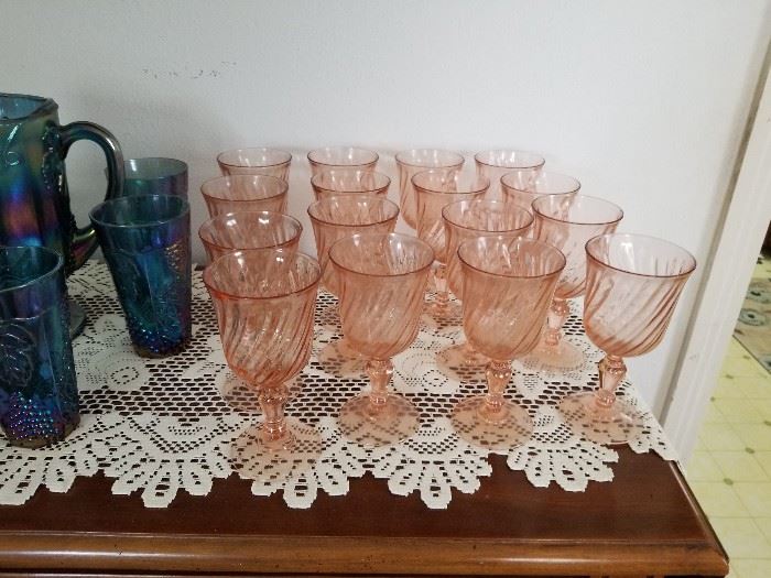 Huge collection of arcoroc French pink glass in the Rosalind swirl pattern 