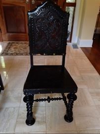 ANTIQUE BRAZILIAN COLONIAL DINING CHAIRS WITH PRESSED LEATHER BACK AND CARVED BARLEY TWIST ACCENTS 