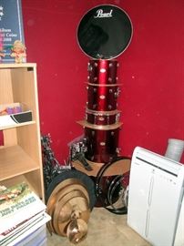 Upstairs 1st Left Bedroom Left: Pearl 5 Drum Set w/10 Cymbals-4 Drums Missing  Skins