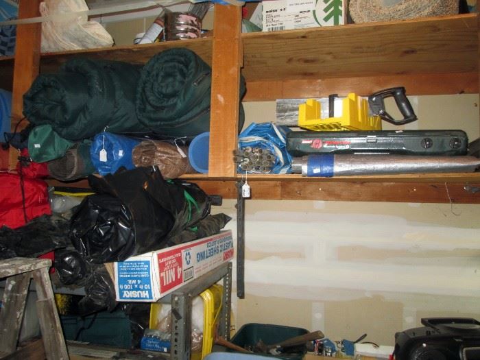 Garage: Coleman Stove, Sleeping Bag Pads, Tent Sleeping Bags, Miter Saw, 