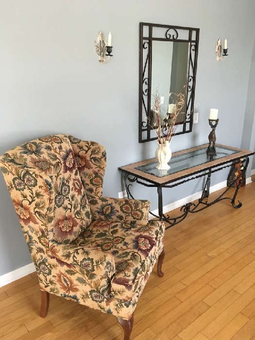 2 of 2 Matching Upholstered Chairs & Glass/Tile Top Iron Console Table 55'x21'x27"