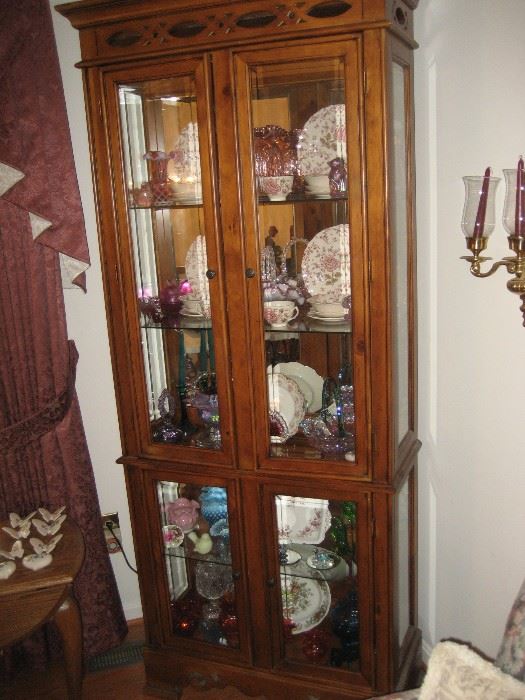 Curio cabinet, quality Oak furniture. FULL OF FENTON Glass. 