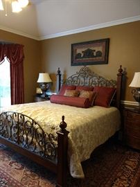 King Size bed, bedding, side tables, lamps, area rug