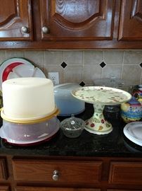 Cake carriers, plate, glass covered cake plate