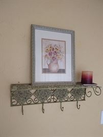 Metal wall shelf/coat hooks, floral print, candle