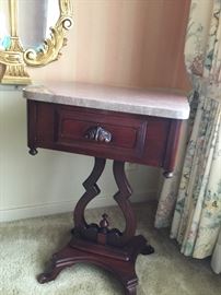 Marble top lyre base one drawer table 