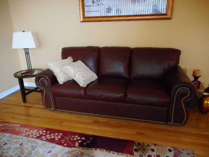 Crate Barrel Chocolate Brown Leather Sofa, Studded Trim. Purchased 2004