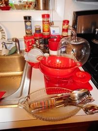 Red Small Colanders, Spices, Flatware 