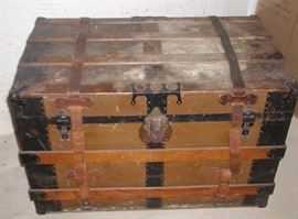 Old chest, in good condition with leather strapping and leather handles in place. 