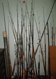 Many fishing rods, pictured here. A variety of tackle and lures are for sale too.  Some vintage reels