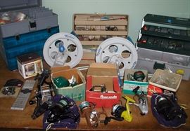 Tacle, tackle boxes, some boxed and unboxed reels. 