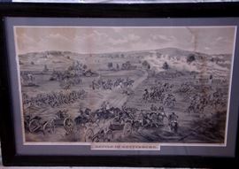 Civil War era, large framed print of the Battle of Gettysburg, some water staining