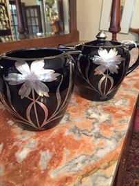 Japanese silver overlay cream and sugar