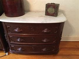 Antique marble top dresser with hand carved wooden pulls. Check on faces on pulls
Also antique hat box