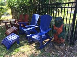 Carved Gator and Adirondack style chairs