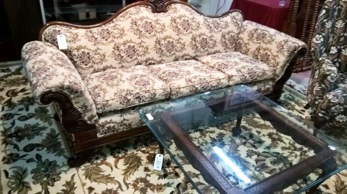 Antique sofa to be sold, other sofas to be offered. Chippendale glass top coffee table to be sold.  We are an excellent source for high end gently used furniture!