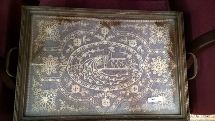 Tray with antique lace under glass Circa 1940 to be sold