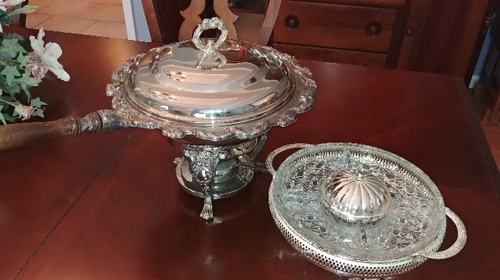 Silver plate dish with warmer underneath. Silver plate with divided dish