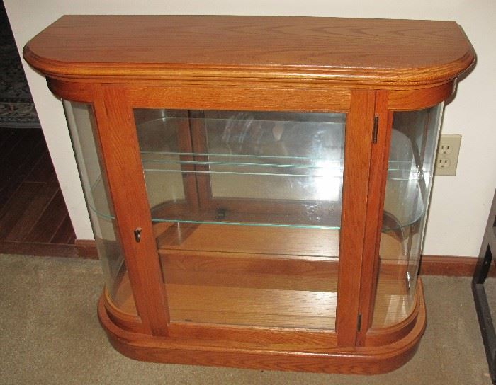 Small table top oak curved glass display cabinet.