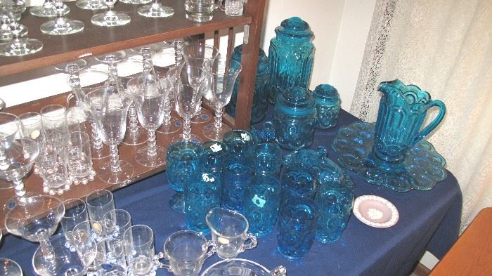 L. Smith blue glass including canister set. Mostly moon and stars pattern.
