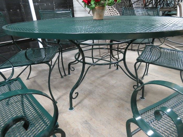 Vintage Wrought Iron Dining Set - Round mesh top table & 6 chairs   Restored in a powder coated green finish